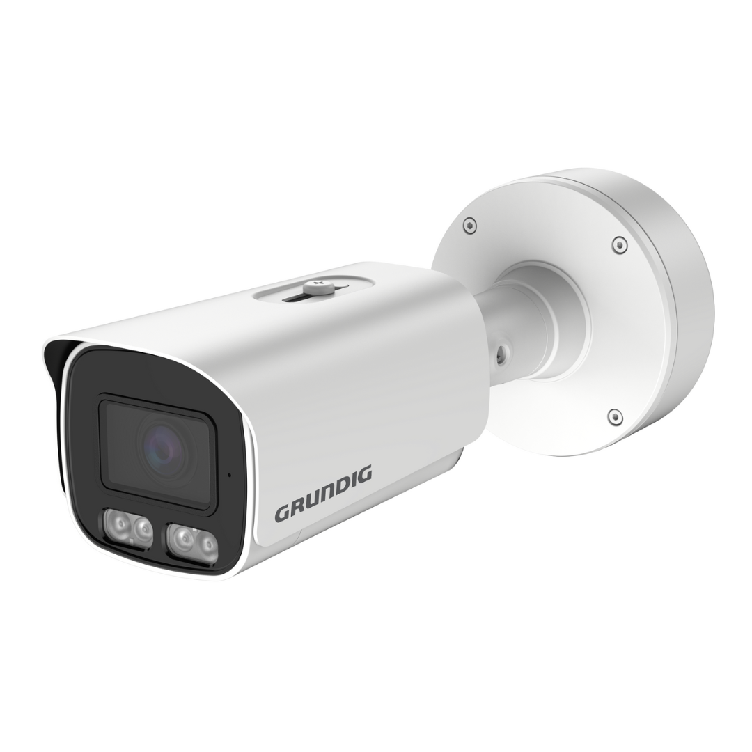 GU-CI-AP8634T – Produktfoto einer 8 MP Bullet IP-Kamera (2,8–12 mm Motor-Vario, IR-/Weißlicht-LED, WDR) vor weißem Hintergrund